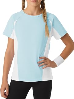 Haloumoning Magliette sportive a maniche corte a blocchi di colore per ragazze, ad asciugatura rapida, girocollo, abbigliamento sportivo, 5-14 anni