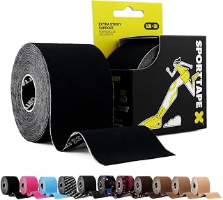 SPORTTAPE Kinesiology Tape, 5cm x 5m, Black - Waterproof, Hypoallergenic | Kinetic Physio Tape for Muscle Injury Recovery, Sports Strapping, Knee Pain, Joint Support & Blisters - Single Uncut Rolls