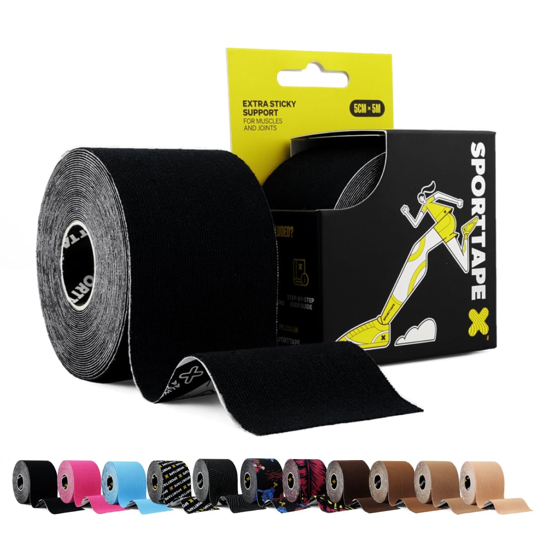 SPORTTAPE Kinesiology Tape, 5cm x 5m, Black - Waterproof, Hypoallergenic | Kinet
