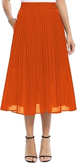 EXCHIC Women's Casual Chiffon Elastic Waist Pleated Midi Skirt with Pocket
