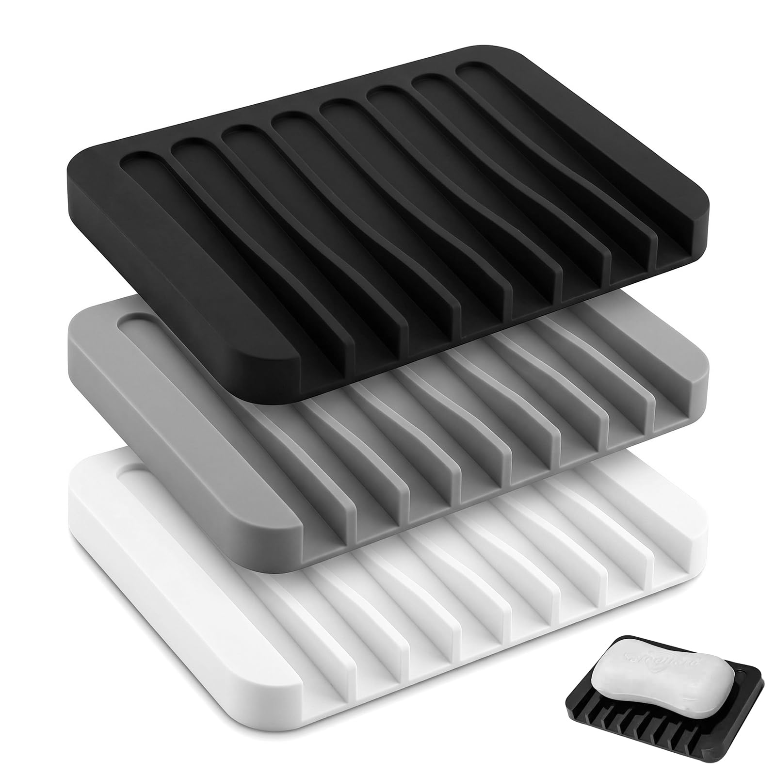 3PCS Silicone Soap Dish with Comb Drain Design, Tilted Non-Slip Soap Saver Tray,