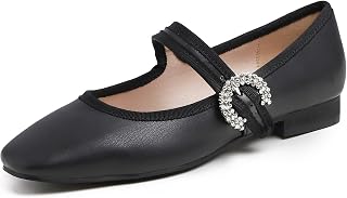 Feversole Women's Square Toe Mary Jane Fashion, Square Toe Easy Buckle Low Heel Slip On Flats in Vegan Leather