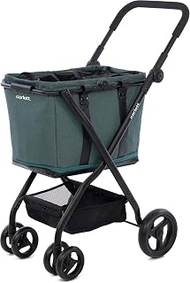 Carlett Folding Shopping Trolley 4 Wheels, Wide and Removable Bag 56L-75L, Adjustable Handlebar, Safety Brake, Basket Convertible to Bag, Water Resistant, Rain Cover, Cube S, Green