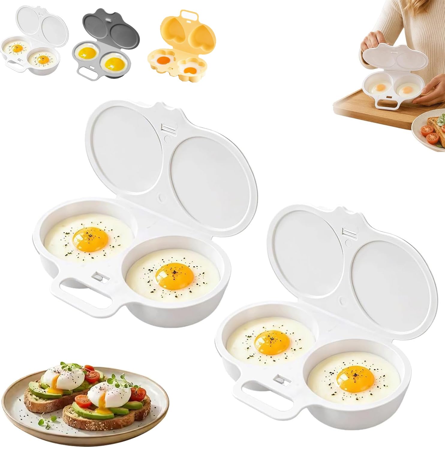 Microwave Egg Poacher With Lid & Handle, 2 Cavity Microwave Egg Poacher 2PCS(Whi