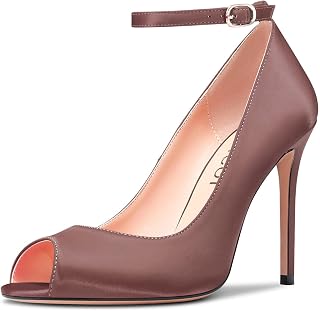 Aachcol Women's High Heel Pumps with Open Toe Ankle Strap, Dress Shoes, Wedding Party, Satin 10 cm