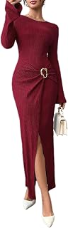 Casual Maxi Dress for Women Long Bell Sleeves Round Neckline and Slit Hem Wedding Guest Bodycon Dresses with Buckle DJ203