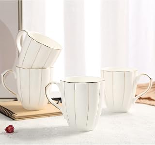 DUJUST Coffee Mug Set of 4(400ml), Luxury British Design with Handcrafted Golden Trims, 1st-Class Bone-China White and Gold Cup Set for Coffee, Tea&Milk, Beautiful&Graceful Top Fine Porcelain Cups
