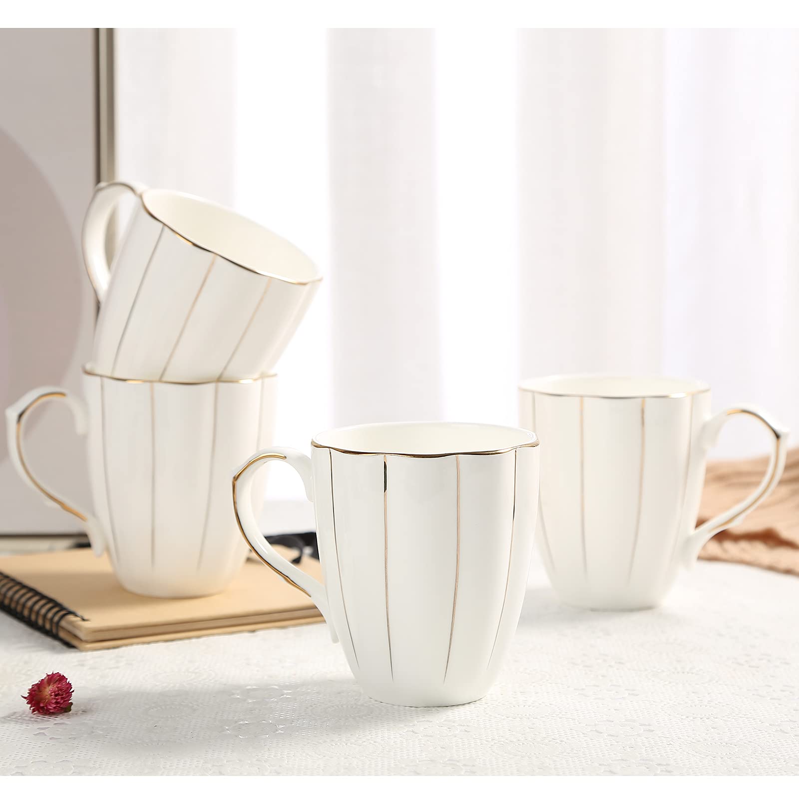 DUJUST Coffee Mug Set of 4(400ml), Luxury British Design with Handcrafted Golden