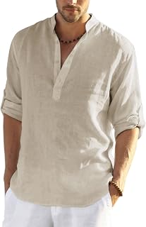 COOFANDY Men's Long Sleeve Henley Shirt Linen Shirt Casual Summer Shirt Regular Fit Cotton