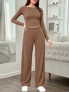 2 Piece Lounge Set for Women, 2025 A/W Fashion Tracksuit, Fitted Long Sleeve Top and Wide Leg Trousers, Casual Outfits for Seasons