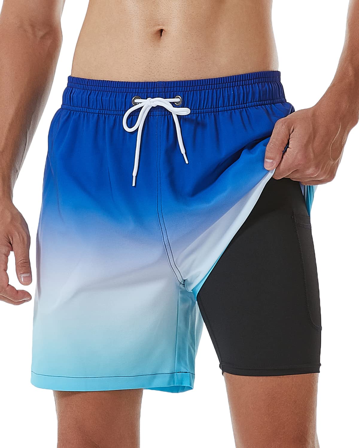 SILKWORLD Mens Swimming Trunks with Compression Liner and Zipper Pockets