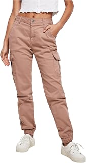 URBAN CLASSICS Women's Military Style Cargo Jeans, High Waisted Trousers, Elasticated Ankles Side Pockets, Various Colours Available, Sizes 26 - 34