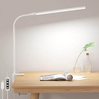 Lepro Desk Lamp Clamp, 460lm Eye-Caring Clip on LED Desk Light | 10 Levels Dimmable, USB Powered Bedside Lamp, 3 Modes Gooseneck Task Light for Nails, Crafts, Studying & Home Office, White