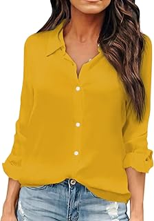 OMSJ Women Button Down Shirts Long Sleeve Chiffon Office V Neck Casual Business Blouses Tops