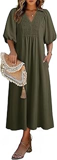 Dokotoo Summer Dresses for Women 2026 Casual Dresses V Neck Puff Sleeve Empire Waist A-Line Maxi Dress