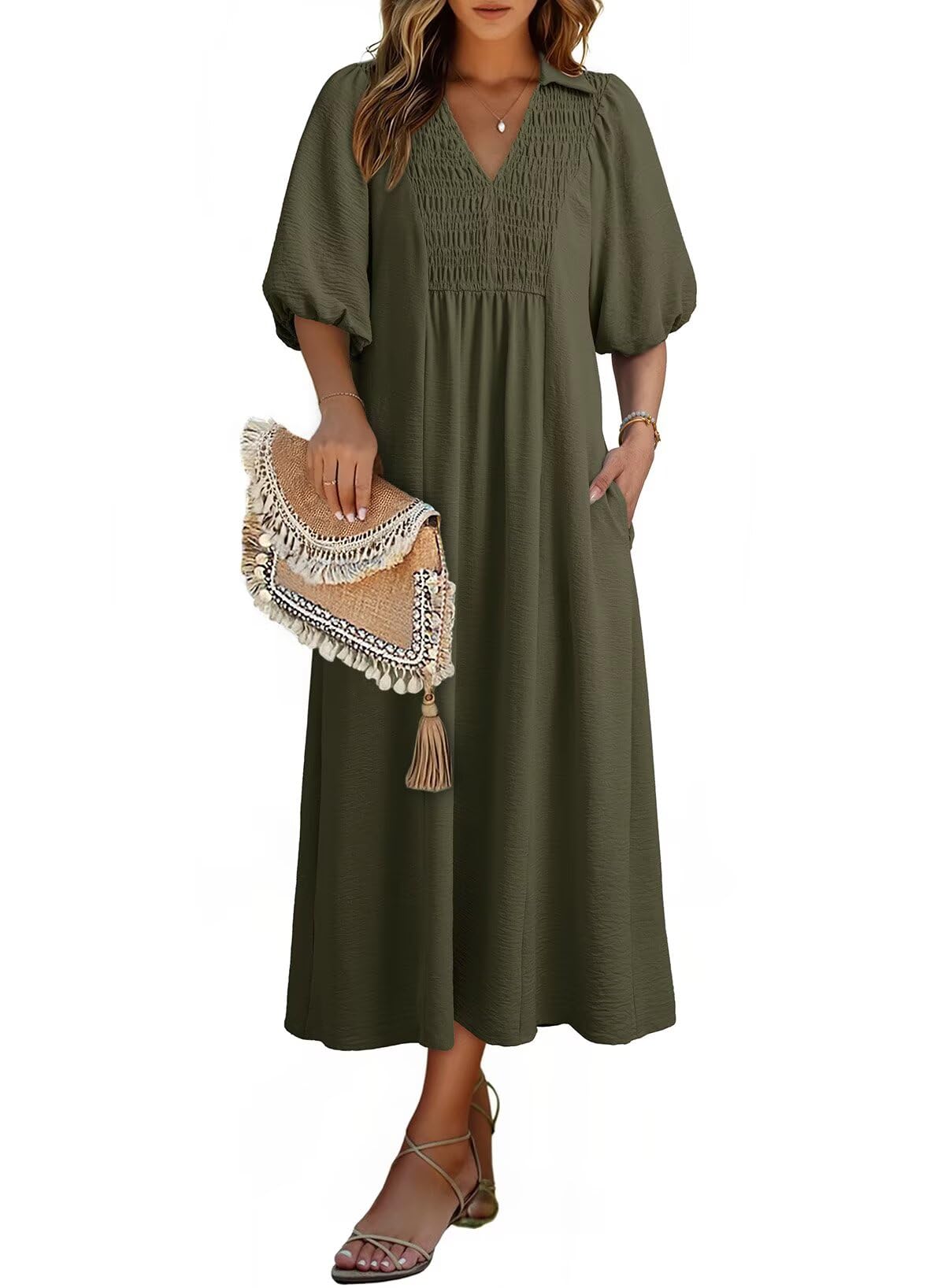 Dokotoo Summer Dresses for Women 2026 Casual Dresses V Neck Puff Sleeve Empire W