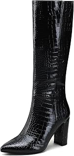 Botas altas hasta la rodilla para mujer, tacón grueso, puntera puntiaguda, botas largas y altas de moda de cocodrilo sintético, botas GoGo con cremallera lateral, sin cierre, Negro, 40 EU