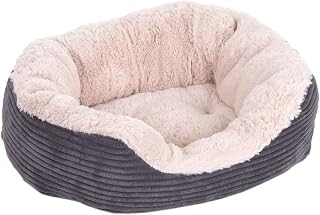 Rosewood Jumbo Cord Plush Dog Bed – Medium, 62x60cm – Washable Oval Pet Bed Cushion for Dogs and Cats – Warm and Comfortable – Non-Slip Base, Soft Plush Material – Grey/Cream