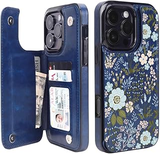 uCOLOR for iPhone 16 Pro Wallet Case with Card Holder Blue Daisy | PU Leather RFID Blocking for Women Men Magnetic Clasp Kickstand 6.3"