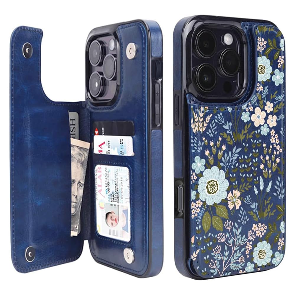 uCOLOR for iPhone 16 Pro Wallet Case with Card Holder Blue Daisy | PU Leather RF