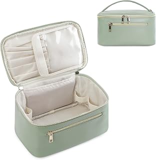 Travel Makeup Bag, Large PU Leather Cosmetic Case with Brush Compartment | Large makeup organizer with handle for daily storage, bathroom and travel