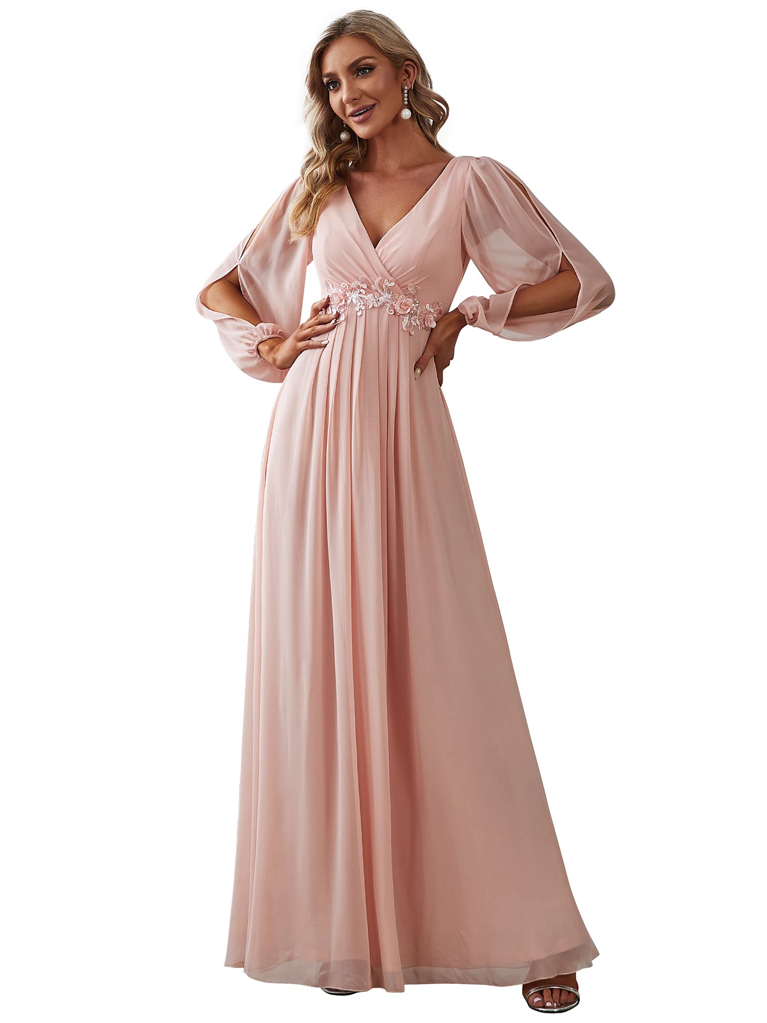Ever-Pretty Women's Plus Size Long Prom Dress Deep V Neck A-Line Long Sleeve wit