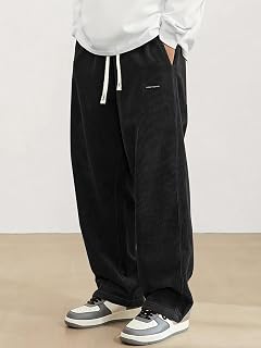 Mens Corduroy Loose Wide Straight Leg Elastic Waist Drawstring Lightweight Pants for Daily Hiking