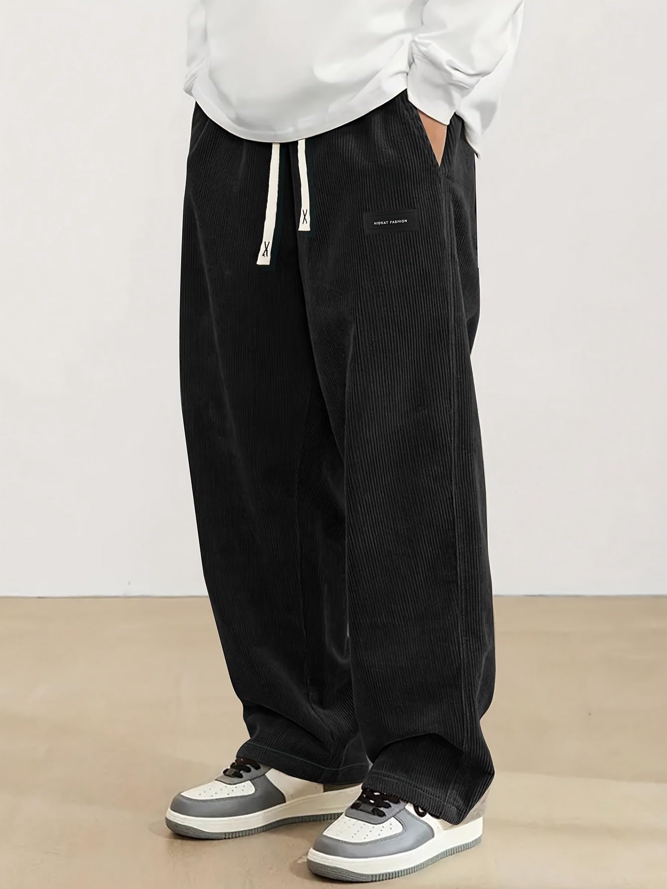 Mens Corduroy Loose Wide Straight Leg Elastic Waist Drawstring Lightweight Pants