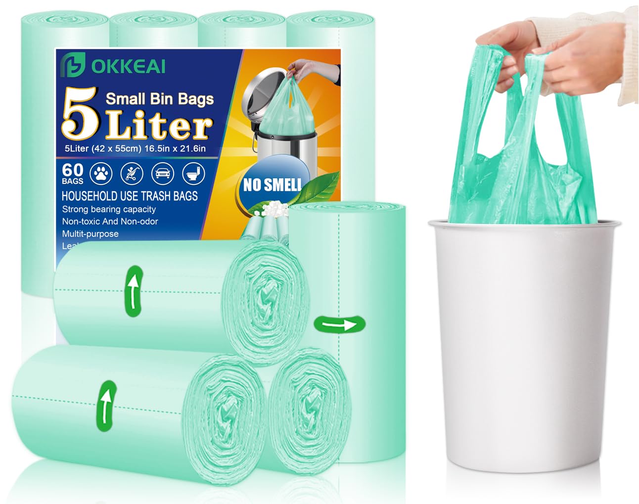 OKKEAI 5L Small Bin Bags with Tie Handles, Leak-Proof, 60 Count