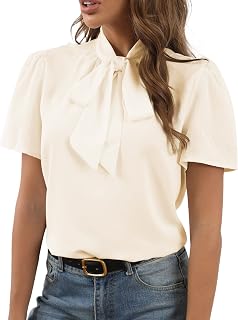 Rooscier Women Bow Tie Knot Stand Collar Short Sleeve Elegant Workwear Blouse Shirt Top