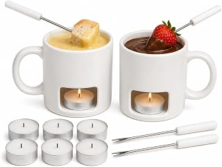 2-Pack Ceramic Fondue Cheese Mugs, 4 Forks & 8 Candles, White