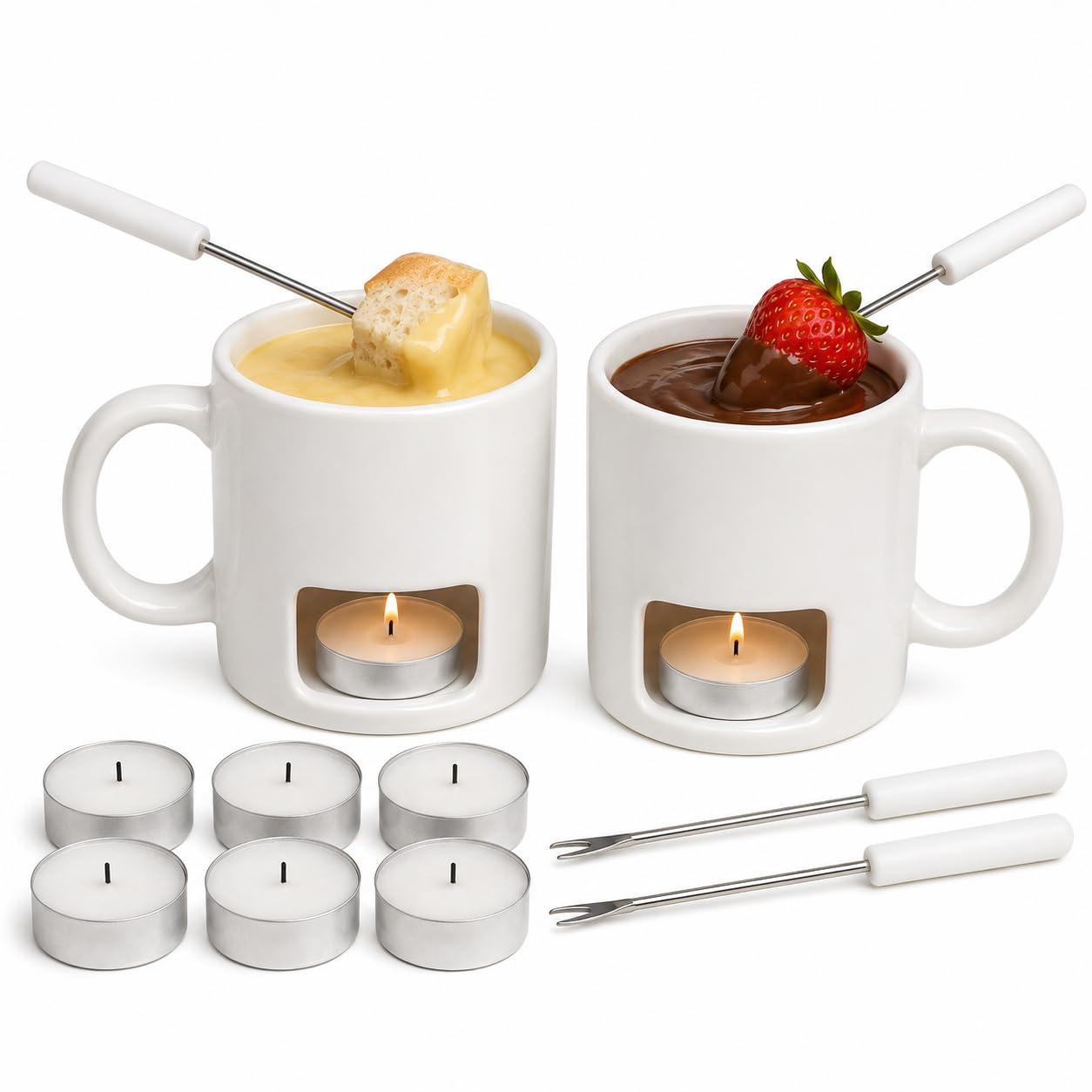 2-Pack Ceramic Fondue Cheese Mugs, 4 Forks & 8 Candles, White