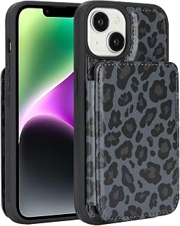 Cavor Custodia a portafoglio compatibile con iPhone 14 con porta carte, slot di credito cavalletto custodia per telefono per donne e uomini, custodia protettiva in pelle PU - leopardo nero