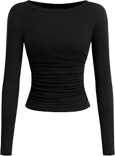 PRETTYGARDEN Camicie a maniche lunghe da donna 2025 autunno increspato lati scollo a barca t-shirt basic casual aderente a costine crop top in maglia