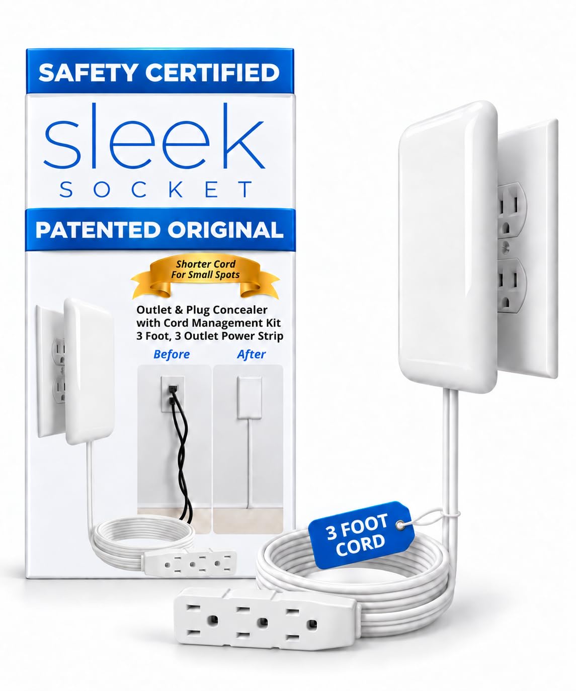 Sleek Socket Original & Patented Flat Ultra-Thin Outlet Concealer with Extension
