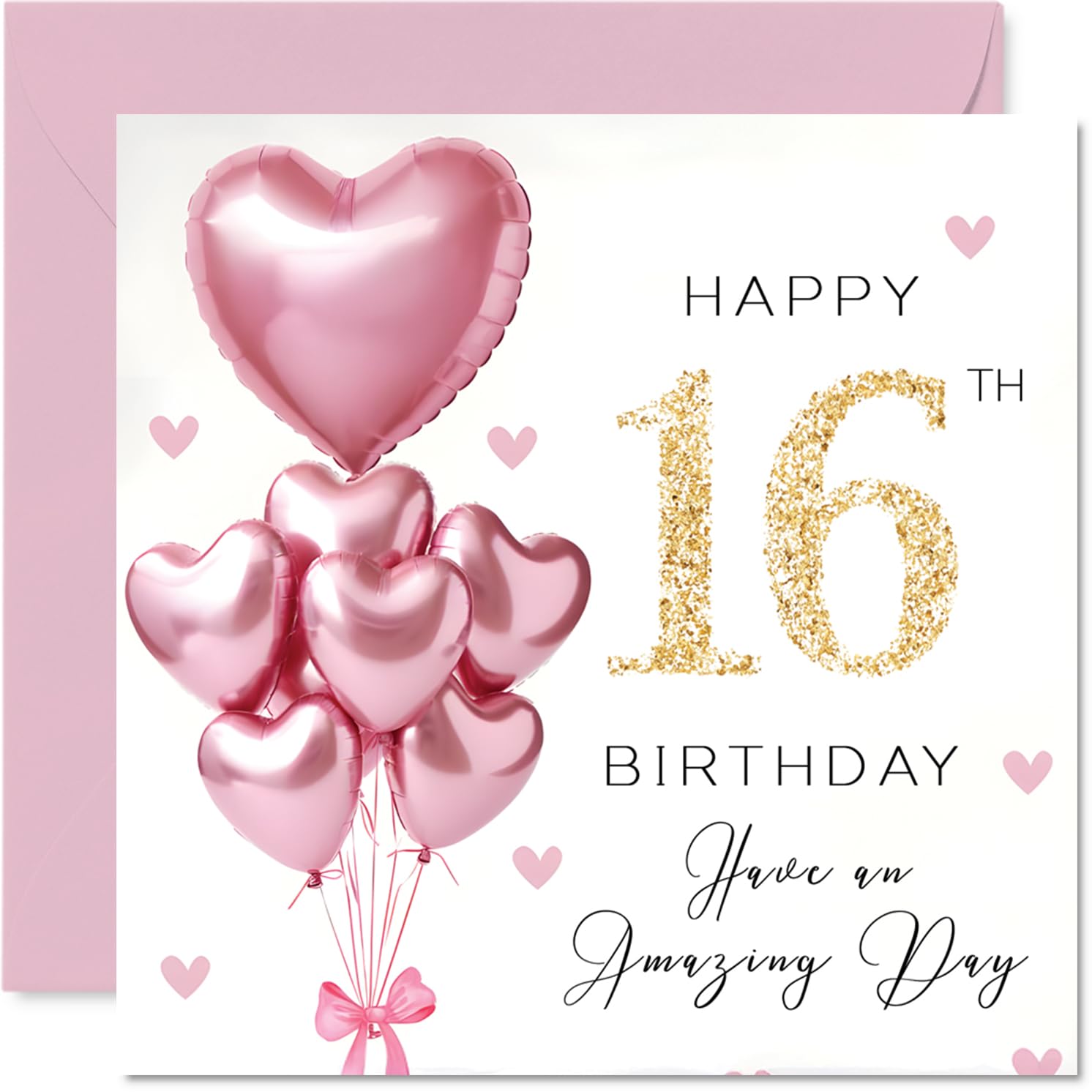 Sweet 16th Birthday Card, Shimmering Gold '16' and Pink Heart Balloons | Festive