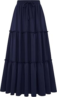 Arolina Women's Summer Maxi Skirt Trendy High Waist Pleated Ruffle Long Skirts Flowy Beach Boho Skirt Dress with Pockets