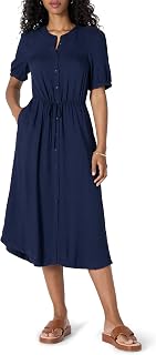 Amazon Essentials Women's Relaxed Fit Half-Sleeve Breathable Button Front Drawstring Waist Midi A-Line Dress with Pockets