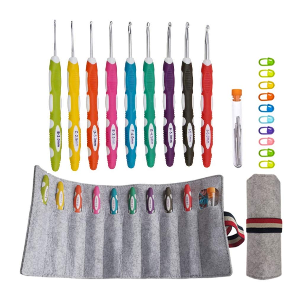 Lewhoo Ergonomic Crochet Hooks with Roll Felt Bag for Arthritic Hand B to J