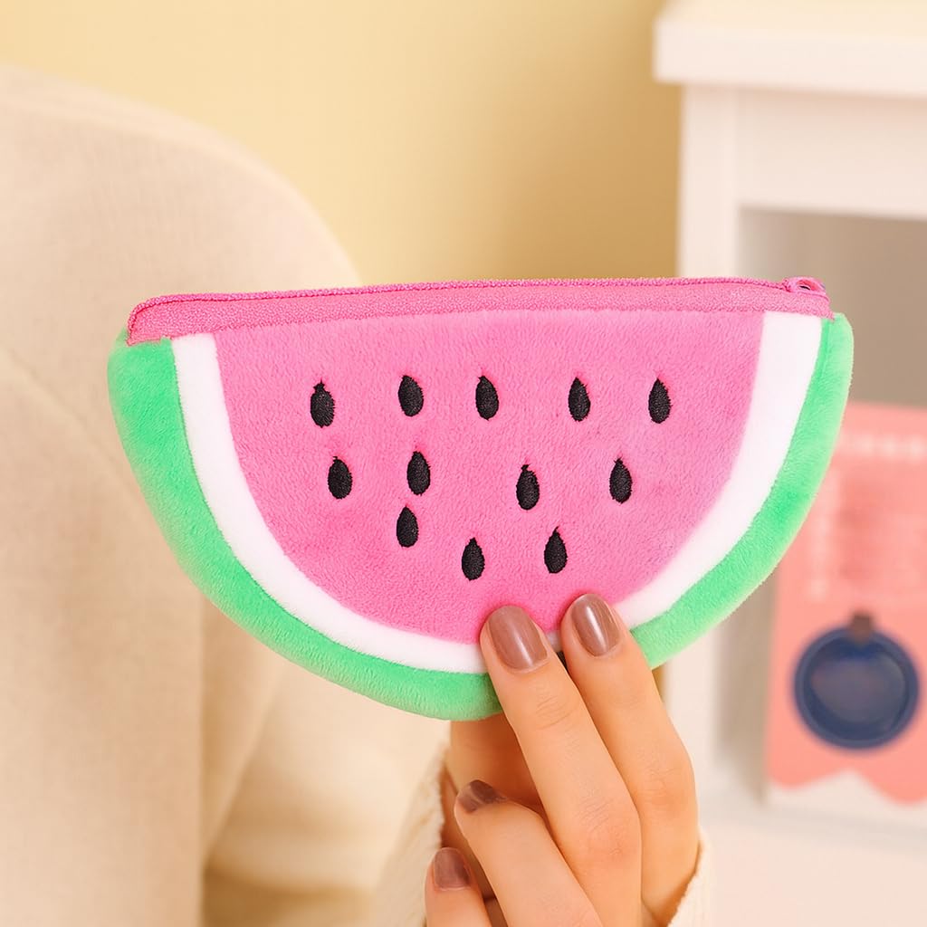 Watermelon Coin Purse, Half Circle, Plush, Fruit Shaped Pouch, Zipper, Cute, Sto