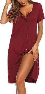 Ekouaer Women's Nightgown Short Sleeve Sleepwear Button Nightgowns V Neck Pyjamas S-XXL