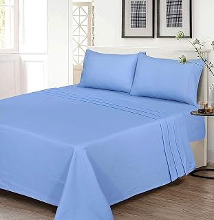 Ruvanti - 100% Cotton Queen Size Sheets Set - 4 Piece Blue Brushed Cotton Peach Finish Sheets Soft & Cooling Sheets Deep Pocket Includes 1 Flat Sheet, 1 Fitted Sheet and 2 Pillowcases (T-140)