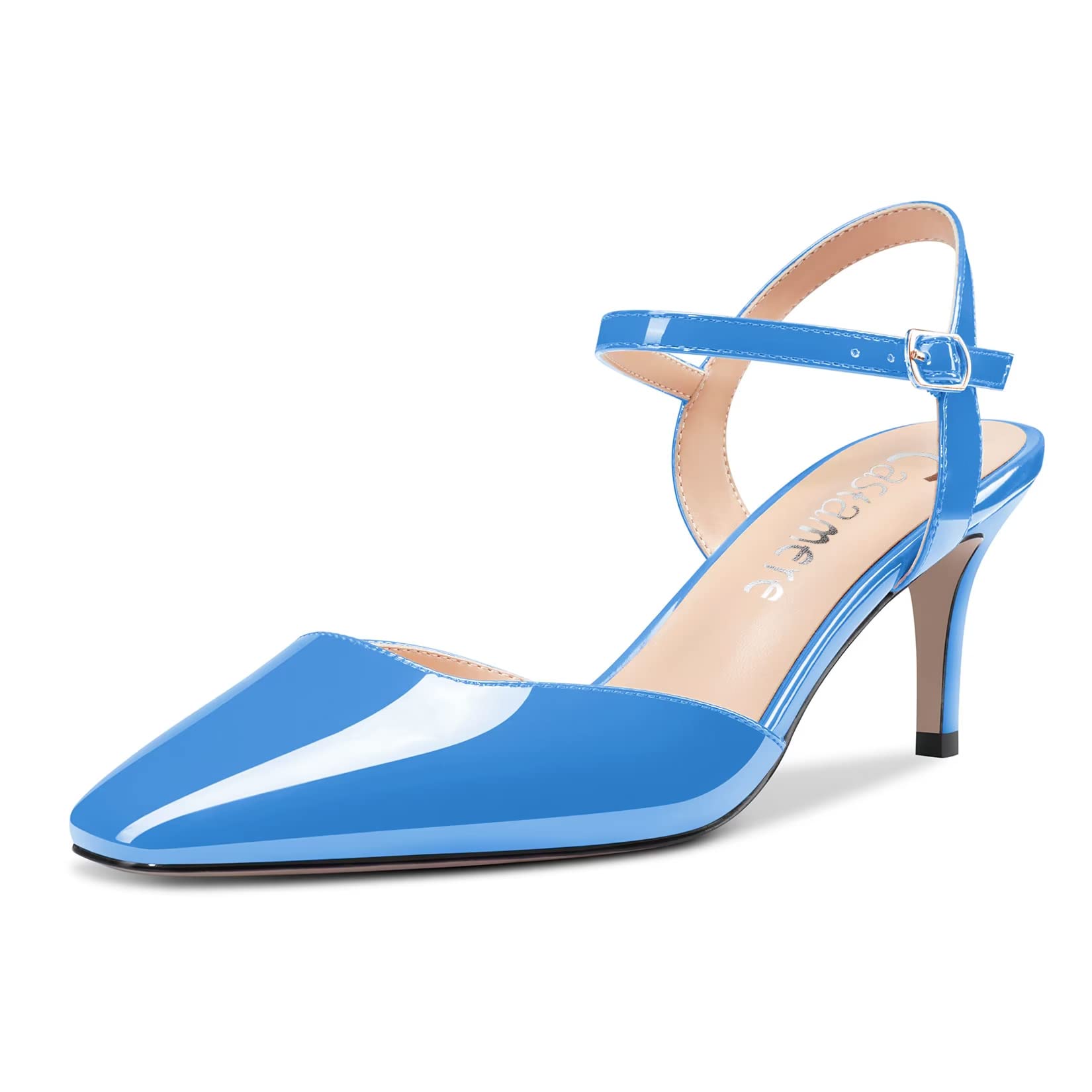 Castamere Women's Stiletto Mid Heel Square Toe Pumps Ankle Straps Slingback Wedd
