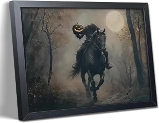 Vintage Canvas Wall Art, Dark Academia Wall Decor, Gothic Poster Print Painting, Headless knight holding a pumpkin lantern Halloween for Living Room Bedroom Decor 8x10 Inch Black Wood Framed