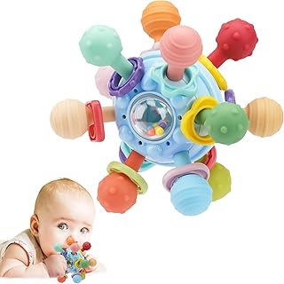 Baby Montessori Sensory Teething Toy 0-6 6-12 Months, Teether Ball & Rattle | 12 Textured Silicone Teething Ball, BPA Free, Easy to Hold, Infant Developmental Toys for 3 6 9 12 Months, Newborn Gifts