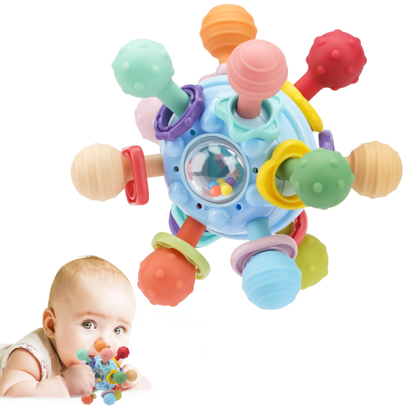 Baby Montessori Sensory Teething Toy 0-6 6-12 Months, Teether Ball & Rattle | 12