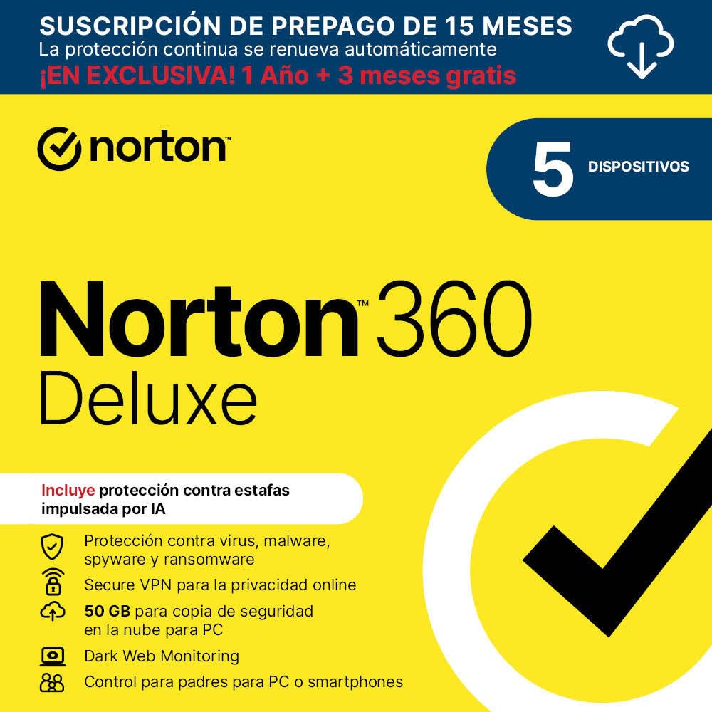 Norton 360 Deluxe 2025 |Antivirus 5 Dispositivos|15 meses con renovación automát
