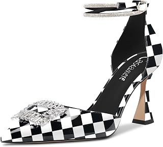 Castamere Women's High Chunky Wide Heel Ankle Strap Diamond Crystal Pointed Toe Pumps 8.5 CM Heels