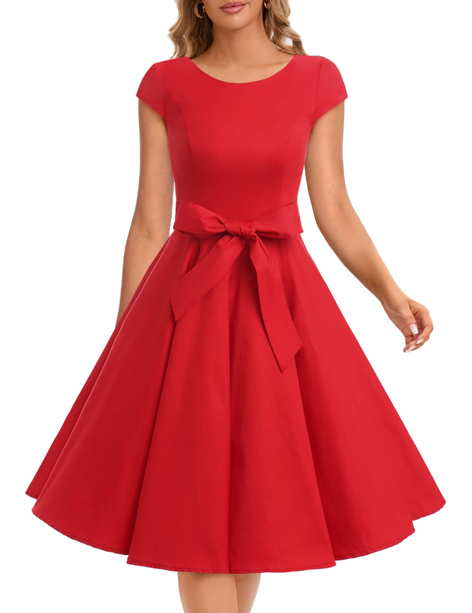 Dressystar Vintage Solid Color Polka Dot 1950s Cap Sleeves Prom Dresses