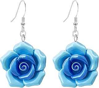 3D Pink Rose Flower Dangle Earrings, Handmade Resin Floral Drop Earrings, Lightweight Silver Hook Jewelry for Women Bridal Wedding Summer Vacation Gift